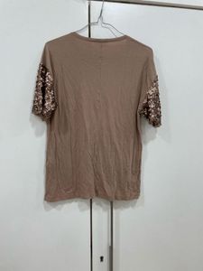 Brown Tee with Sequin Sleeves