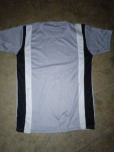 Gray T-Shirt with Black and White Stripes