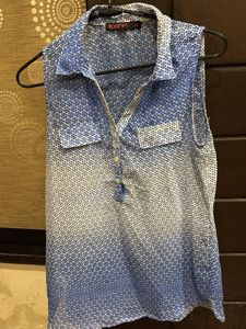 Blue & White Sleeveless see through Top