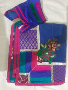 Blue Patchwork Border Saree