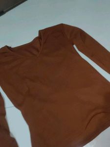 Brown V-Neck Long Sleeve Top