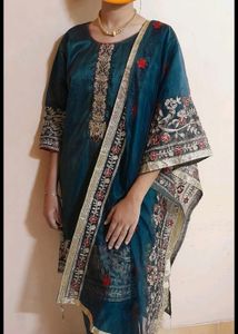 Cotton Sil Embroidered Kurti with Pants