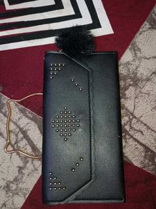 Black Studded Wallet with Pom