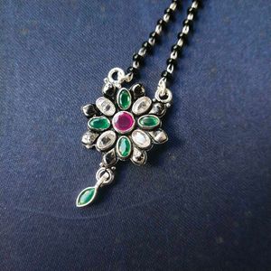 PureSilver Single Line Green&amp;Pink Stone Mangalsutr