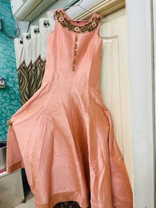 Peach Silk Gown Set with Embroidered Neckline
