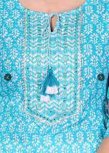 Blue Printed Mirror Work Cotton Straight Kurta