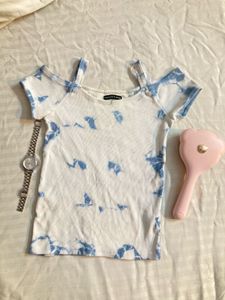 Blue Tie-Dye Cold Shoulder Top