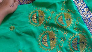 Green Colour Saree With Blue Border
