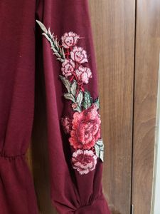 Burgundy Dress With Floral Sleeves