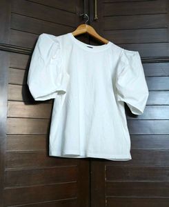 Midel Women White Puffed Sleeve Cotton Casual Top