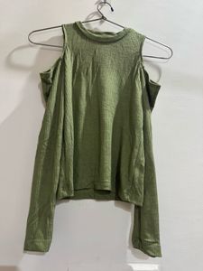Olive Green Ribbed Cold Shoulder Top