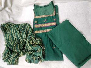 Dark Green Woven Pure South Cotton Kurta Set