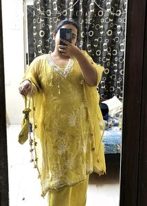 Yellow Kaftan Party Wear Set With Pant And Bag