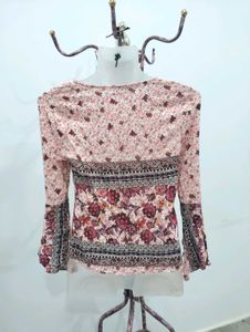Floral Print Lace-Up Bell Sleeve Top