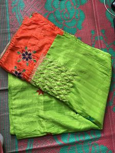 Orange and Green Embroidered Saree