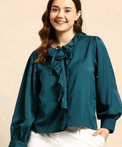 Elegant Teal Tie-Neck Blouse