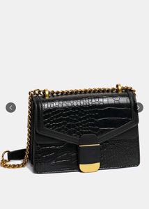 Black Croc Textured Flap Over Crossbody Bag
