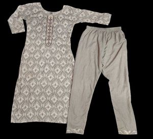 Light Silver Gray Printed Kurti Pant Set