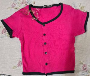 Trendy Hot Pink Button-Down Ribbed Crop Top with B