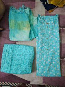 Three Piece Blue Printed Kurta Set Wth Chunni