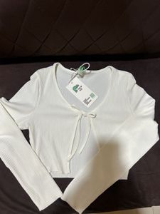 Ribbed Tie-Front Long Sleeve Top