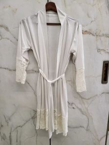 White Lace Trim Satin Night Robe