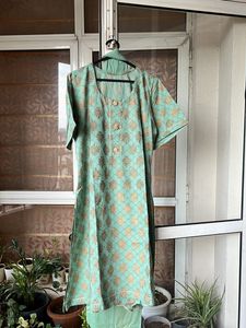 Sea Green & Gold Printed 3 Piece Suit
