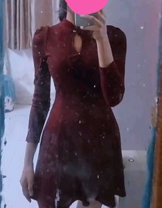 Korean Burgundy Velvet Mini Dress