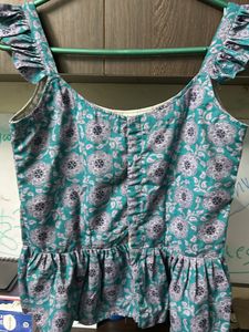 Teal Printed Peplum Top With Butterfly Sleeves