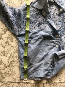 Crop Blue Floral Embroidered Shirt Off Shoulder