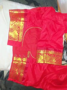 White Saree &amp; Red Border With Stitched Blouse