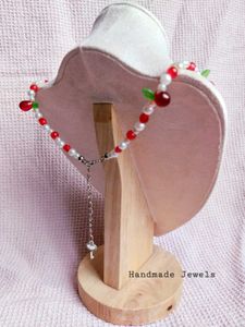 Custom Strawberry Charm Bow Beaded Necklace