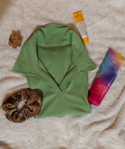Fennel Green Polo Neck Ribbed Crop Tshirt