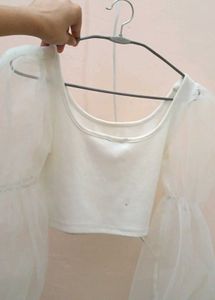 White 🤍 Balloon Sleeve Crop Top Shien