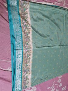 Silk Silver Zari Saree - Turquoise &amp; White