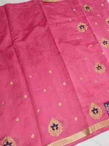 Grand Pink Saree With Gold Zari Embroidery