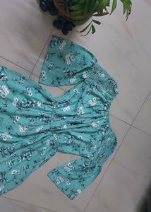 Chinese Floral Print Cyan Knee Length Dress