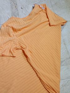 Orange Ribbed Knit Midi Dress