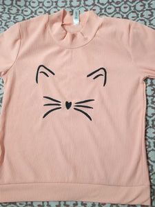 Cute Peach Ribbed Kitty Top, Meowww!!