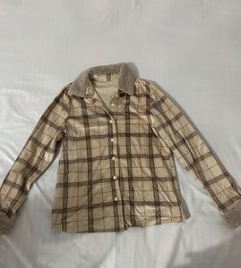 Fuzzy Trim Plaid Button-Up
