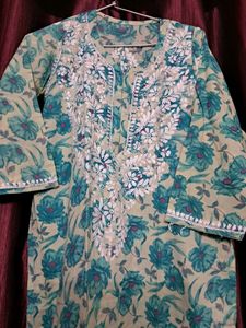 Sea Green Printed Embroidered Kurti
