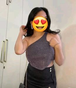 Women Navy Blue Shimmer One Shoulder Crop Top