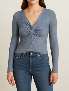 Stylish Blue Ribbed Twist-Knot Top - Full Sleeves