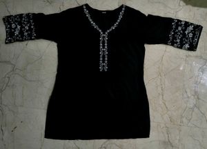 Elegant Black Embroidered Short Kurta ll L Size