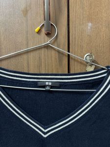 Uniqlo navy V-Neck Sweater with White Trim