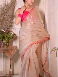 Elegant Pink &amp; Gold Embellished Saree