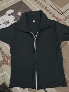 Black Zip-Up Ribbed Top