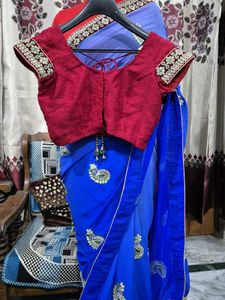 Blue Embroidered Saree with Blouse