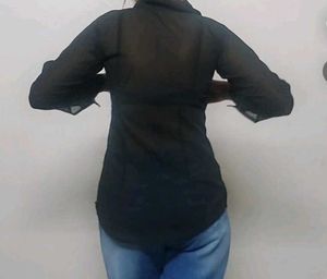 Fitted Black Sheer Button-Up Blouse