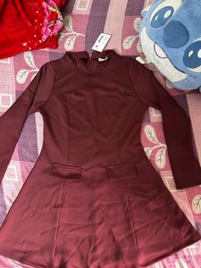 Stitching bell Sleeve Midi Dress Maroon